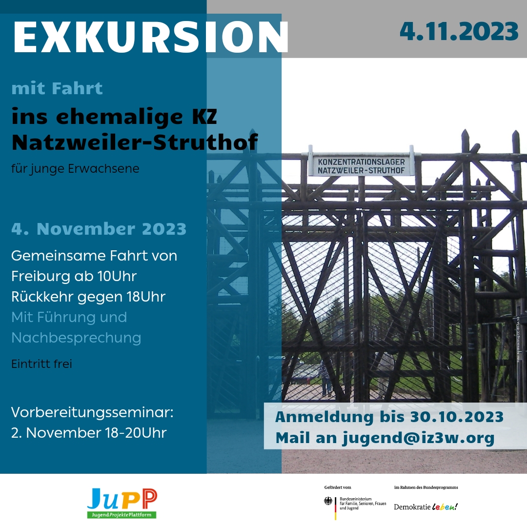 Plakat mit Aufschrift: " Exkursion mit Fahrt ins ehemalige KZ NAtzweiler-Struthof" und einem Bild vom Eingang der Gedenkstätte.