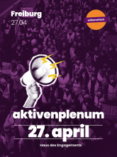 Bild das im Hintergrund Menschen in Warnwesten zeigt. Im Vordergrund ein Megafon und der Text: Aktivenplenum, 27. April
