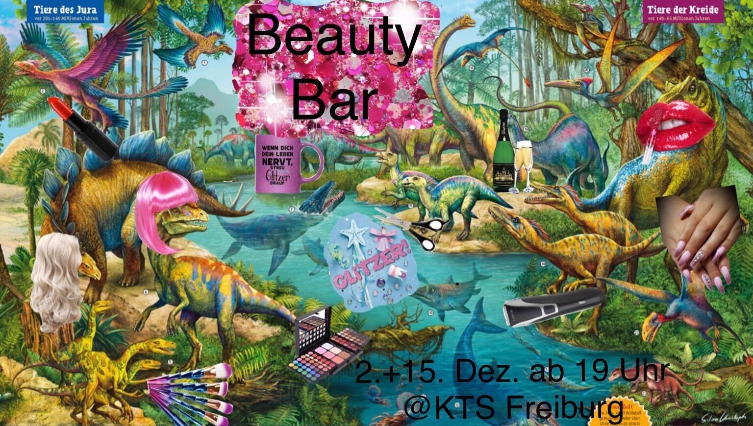 Werbebild für die BeautyBar mit vielen Dinos mit Perücken