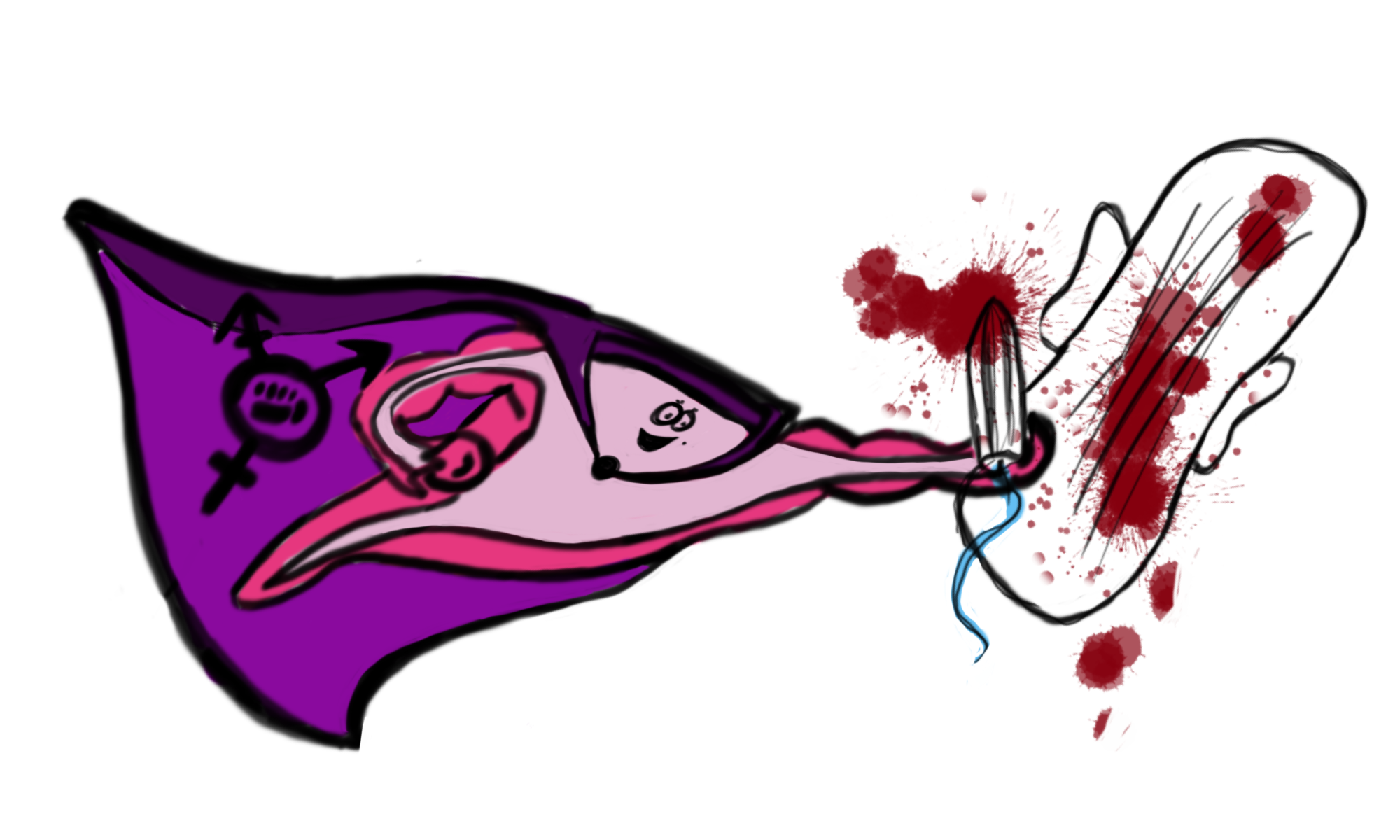 Gezeichnete Abbildung eines fliegenden rosa Uterus, der einen lila Umhang mit queerfeministischem Zeichen trägt. Die ausgestreckte rechte Faust des Uterus hält einen Tampon, an dessen Spitze Blut und dahinter Blutspritzer sind. Rechts daneben ist eine Binde zu sehen, ebenfalls mit Blutspritzern.