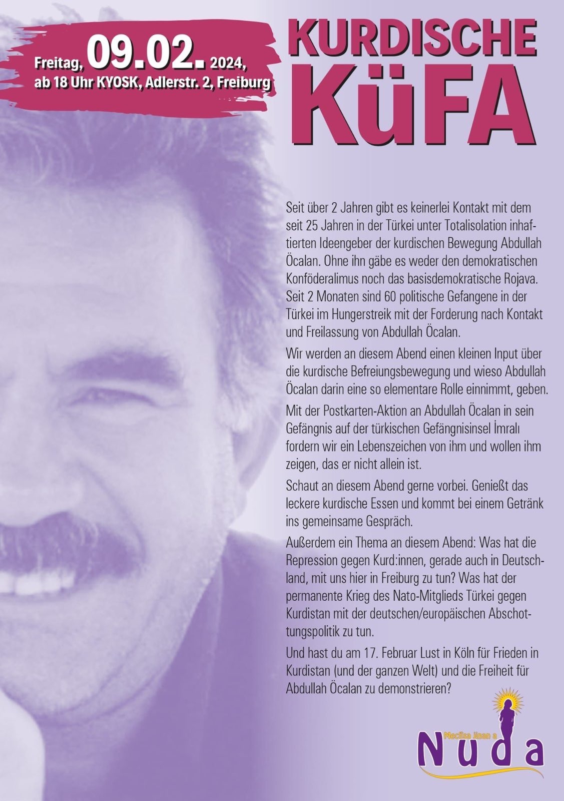 Kurdische Küche für Alle. 09.02.24 , ab 18 uhr im KYOSK in Freiburg. Mit Input über die Gefängshaft von Abdullah  Öcalan 