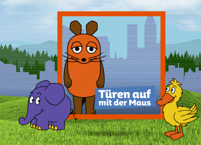 Screenshot Webseit Sendung mit der Maus : Maustag, Maus Elefant und Ente in orangenem Rahmen auf Win-XP Wiesenlandschaft