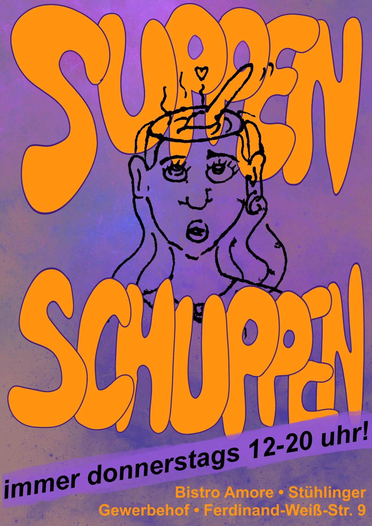 Orangene Schrift auf Lila Hintergrund, ein gezeichneter Kopf mit einem Rührlöffel. Suppen Schuppen, immer Donnerstags 12-20h, Bistro Amore 