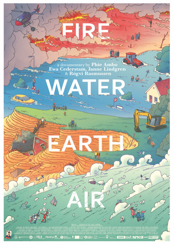 Das Poster zum Film: Eine bunte Zeichnung von Landschaften, die von Feuer, Hochwasser oder Erdrutschen heimgesucht werden.