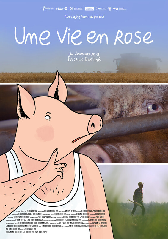 Im Vordergrund die Zeichnung eines Menschen im weißen Unterhemd mit Schweinekopf. Im Hintergrund drei Fotos: Oben eine Erntemaschine auf einem Getreidefeld, in der Mitte die Nahaufnahme eines Schweinegesichts hinter Gittern, unten ein Bauer mit einer Schaufel auf einem Feld