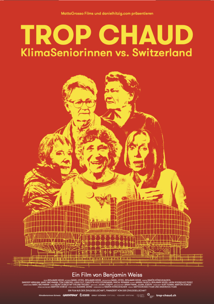 Das Poster zum Film: Der Hintergrund ist rot. Darauf in gelb Portraitbilder von vier älteren Frauen, im Vordergrund ebenfalls in gelb das Gerichtsgebäude des Europäischen Gerichtshofs für Menschenrechte