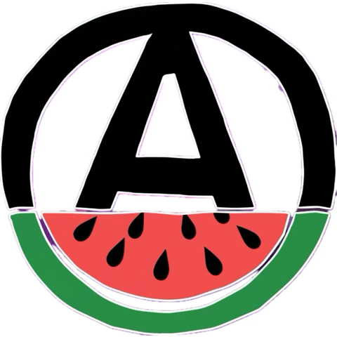 Ein schwarzes großgeschriebenes A in einem schwarzen Kreis. Der untere Teil des Kreises ist eine stilisierte halbe Melonenscheibe in grün und rot mit schwarzen Kernen 