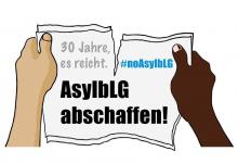 Zwei Hände die ein Blatt in der Hand haben und zerreißen. Auf dem Blatt stehen drei Sachen: 1: AsylbLG abschaffen! 2: 30 Jahre, es reicht. 3: #noAsylbLG