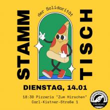 Personifiziertes Pizzastück mit guter Laune, Infos zum Stammtisch, Solinetz Logo