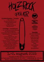 auf dem Foto ist der Flyer für das Holzrock Open Air. Auf rotem Hintergrund ist eine schwarze Sicherheitsnadel. Das Holzrock Logo und Logos von der Antifaschistischen Aktion, Refugees Welcome und Awareness. Der Text zeigt das Programm. Das Datum ist 1. und 2. August 2025. Ort: Sengelenwäldchen Schopfheim