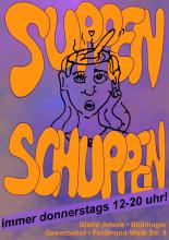 Orangene Schrift auf Lila Hintergrund, ein gezeichneter Kopf mit einem Rührlöffel. Suppen Schuppen, immer Donnerstags 12-20h, Bistro Amore 