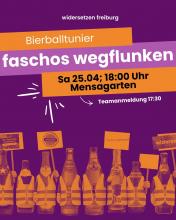 Auf dem Bild sind Bierflaschen mit Warnwesten zu sehen. Oben steht Faschos wegflunken am Samstag, 26.4. 18 Uhr mit Anmeldung um 17:30 Uhr