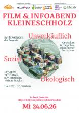 Plakat mit Eckdaten in rot-rosa schrift, in der Mitte ist ein kreisförmiger Ausschnitt auf das zukünftige Quartier Kleineschholz zu sehen