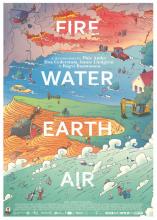 Das Poster zum Film: Eine bunte Zeichnung von Landschaften, die von Feuer, Hochwasser oder Erdrutschen heimgesucht werden.