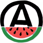 Ein schwarzes großgeschriebenes A in einem schwarzen Kreis. Der untere Teil des Kreises ist eine stilisierte halbe Melonenscheibe in grün und rot mit schwarzen Kernen 